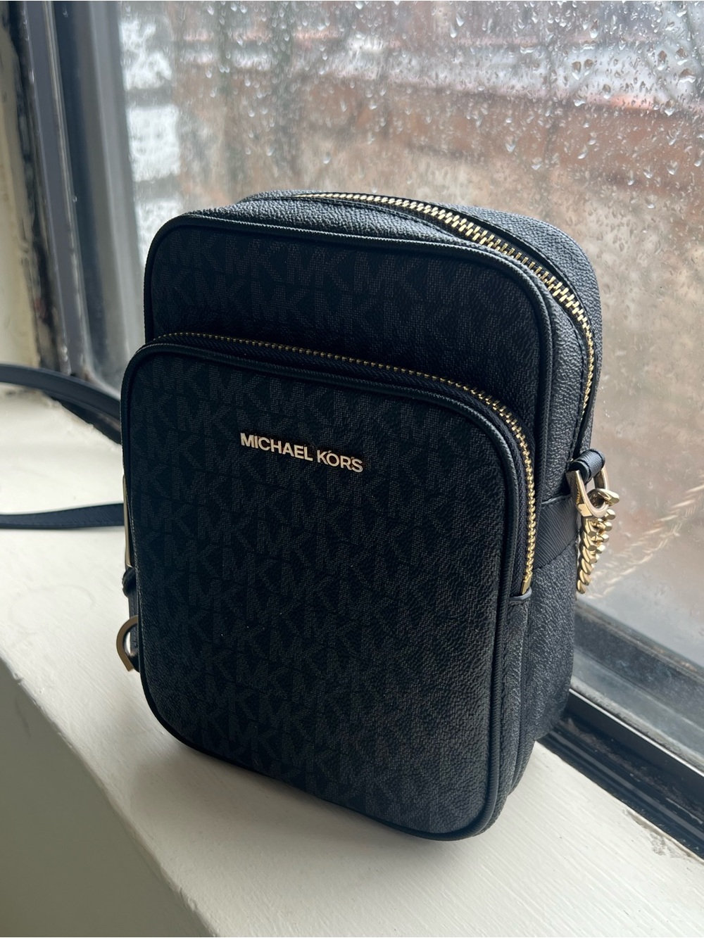 Michael Kors Black MK Monogram Crossbody Pouch with Gold Hardware